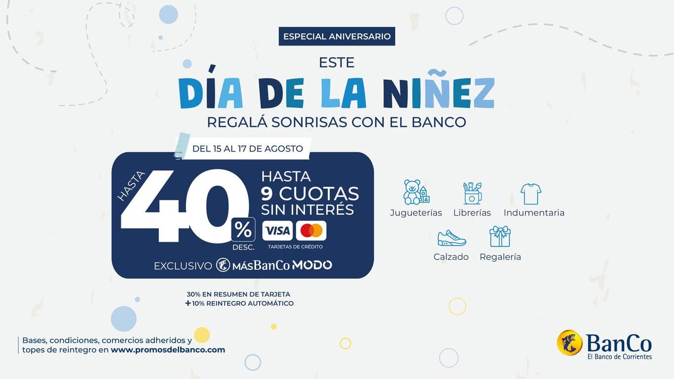 Día de la Niñez con el Banco de Corrientes: hasta un 40% de descuento y 9 cuotas sin interés
